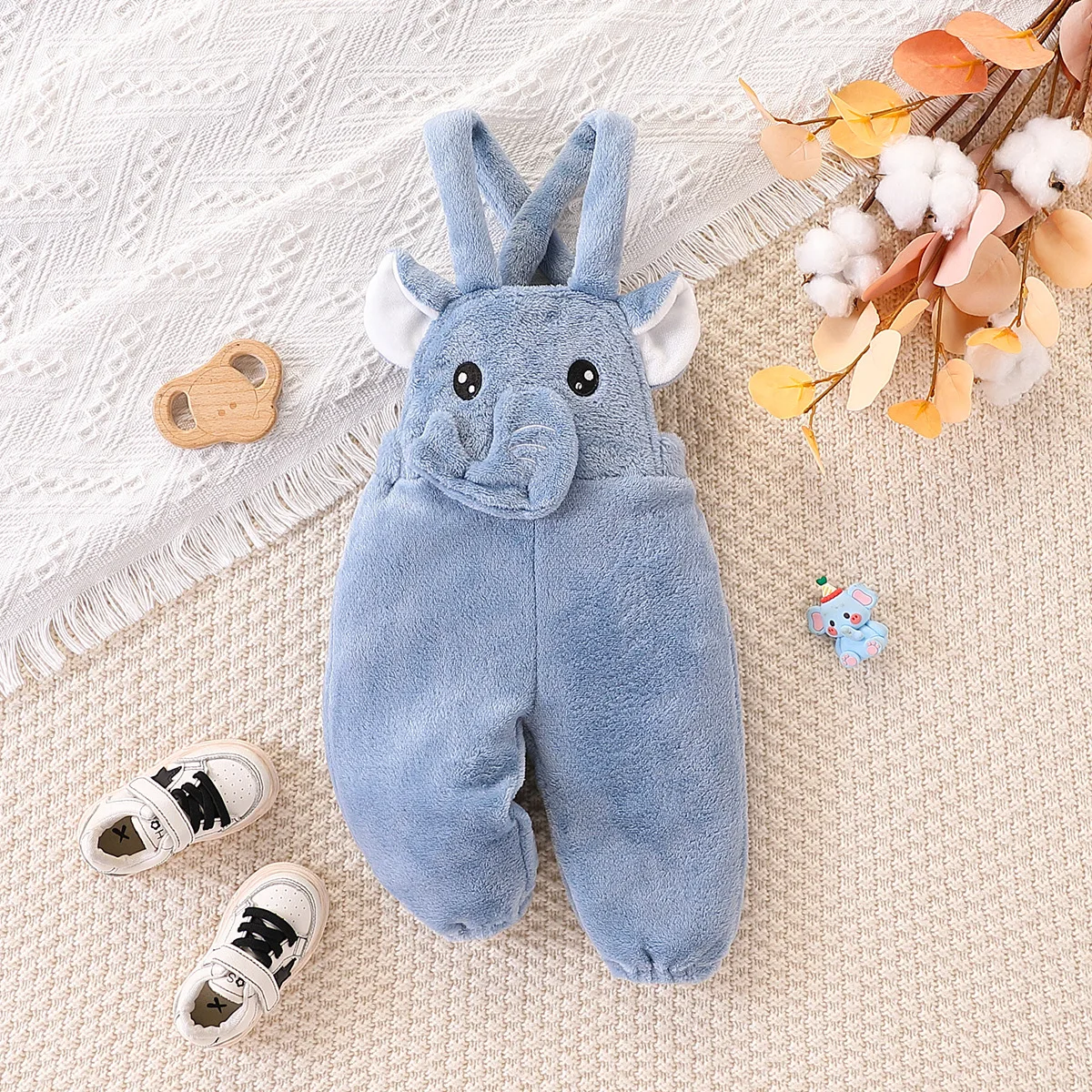【Cute 3D Elephant Design】Baby Boy Double-Sided Fleece Overalls, Thickened and Warm, Animal-Shaped Pants with Elastic Cuffs for Autumn and Winter Outings