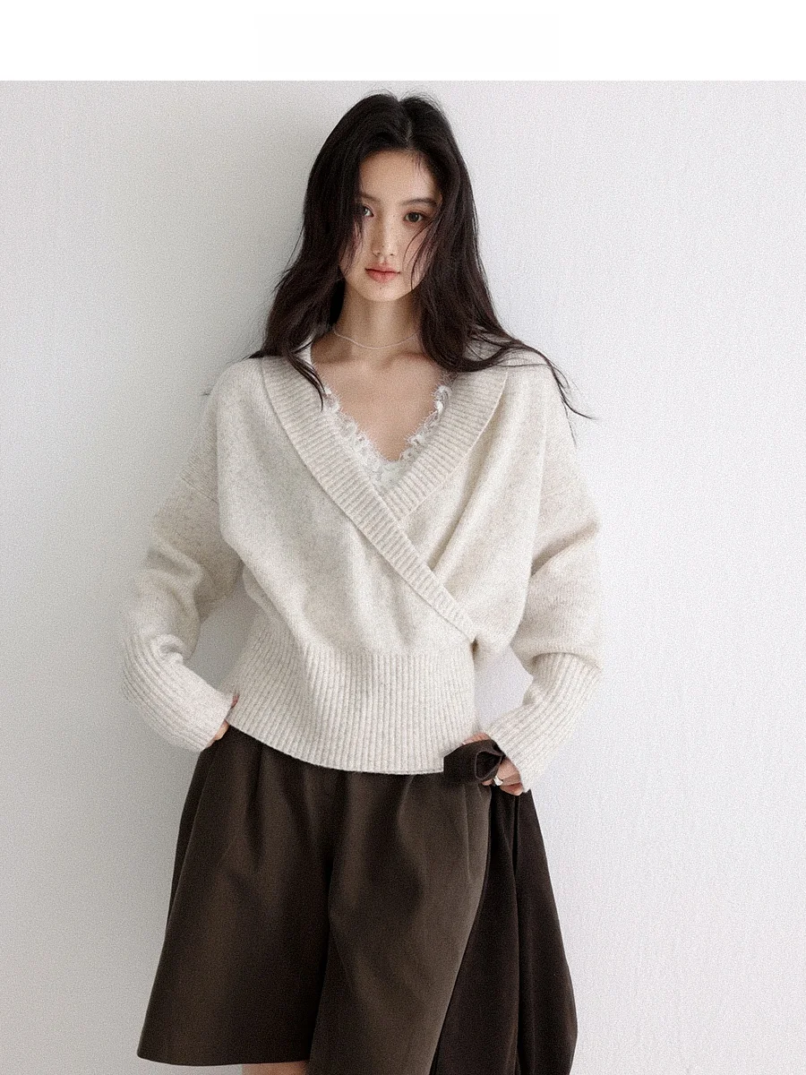 

CHACHASTU Ele Simple V-Ne Long Sve Sweater Women's Autumn Winter Loose Slimming Small Size Warm Hooded Top