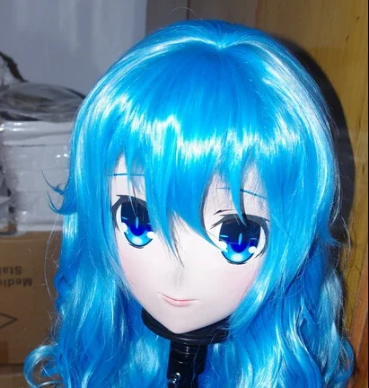 Handmade Female Silicone Rubber Full Head Mask Cosplay Blue Long Roll Hair Kigurumi Mask Crossdresser Doll Anime Role Play