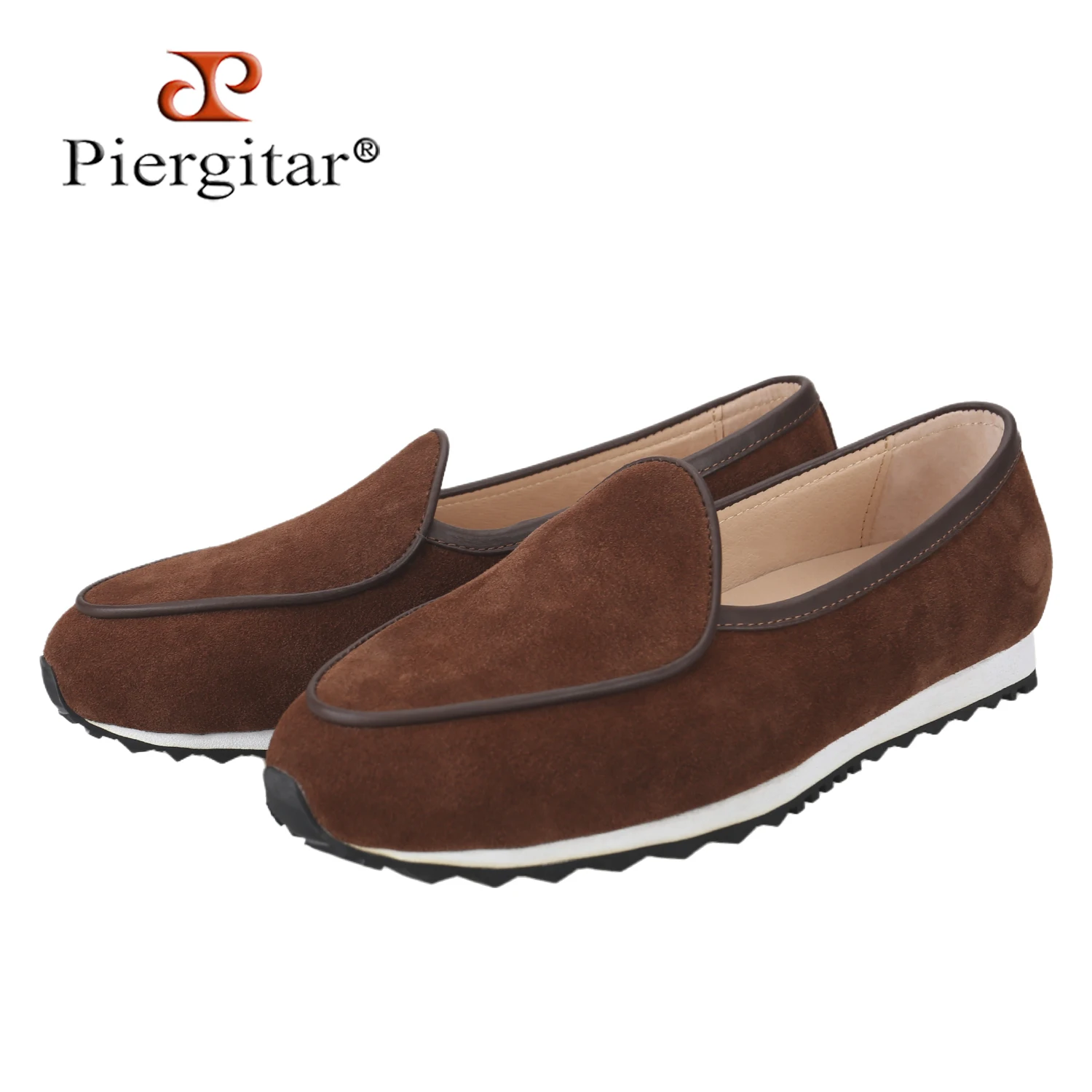 Piergitar Italian Design Coffee Colored Suede Slip-On Flats Handmade In Guangzhou Own Factory Classic Model Men's Casual Shoes