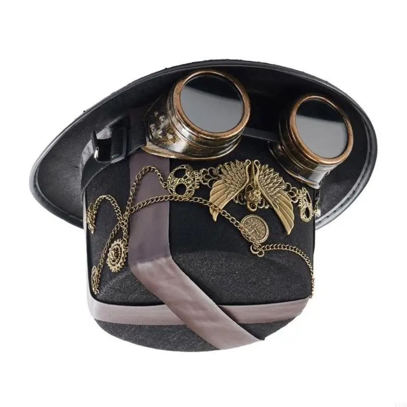 

L5YA Steampunks Flat Top Hat for Women Man with Goggles Halloween Cosplay Party Costume Hat GothicStyle Hat Music Festival Hat