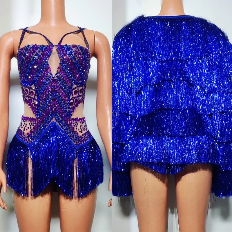 

Women Sexy Pole Dance Outfit Blue Rhinestones Fringed Bodysuit Full Tassels Coat Drag Queen Costume Dj Ds Stage Gogo Wear