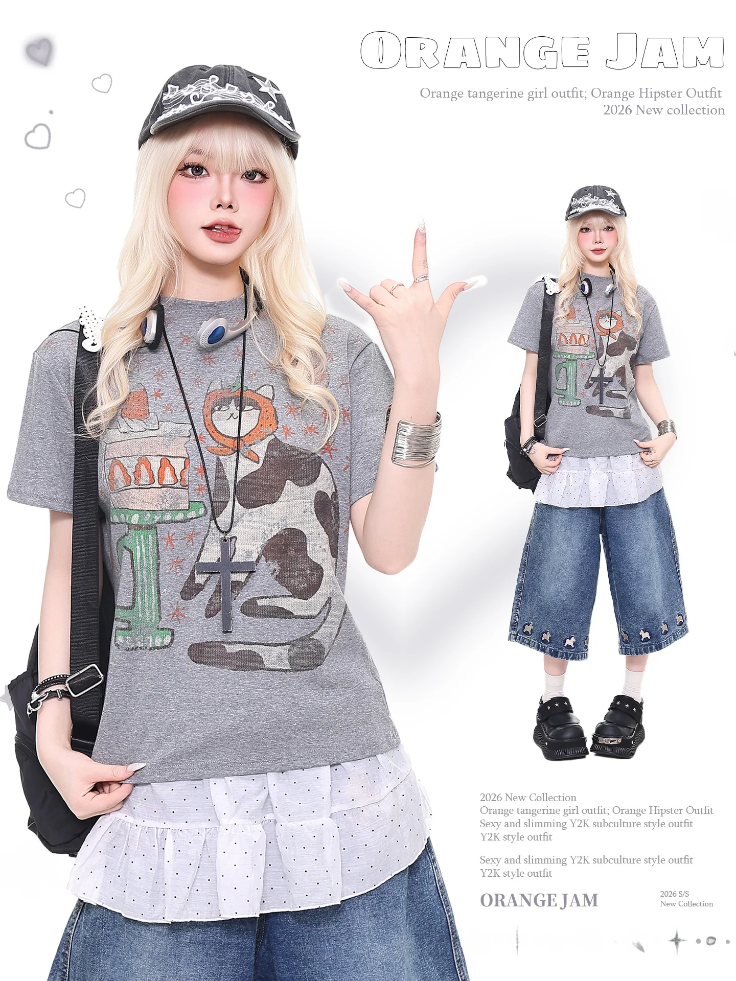 Cute  Print Short Sleeve T-Shirt Women's Summer Short Style Slimming Shoulder Sexy Girl Top Orange Marmalade Japanese Style