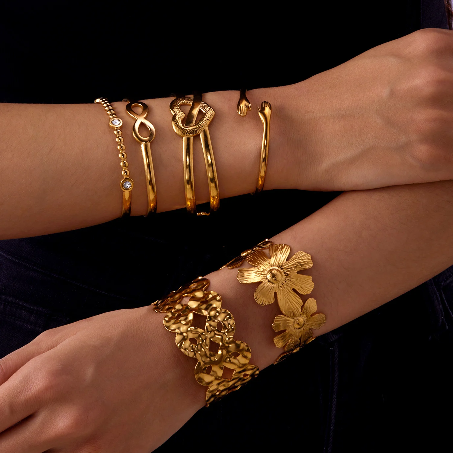 Punk Metall Edelstahl Armbänder Set Für Frauen Böhmen Herz Aushöhlen Offene Einstellbare Manschette Armreif Gold Farbe Schmuck Geschenke – Detail 15