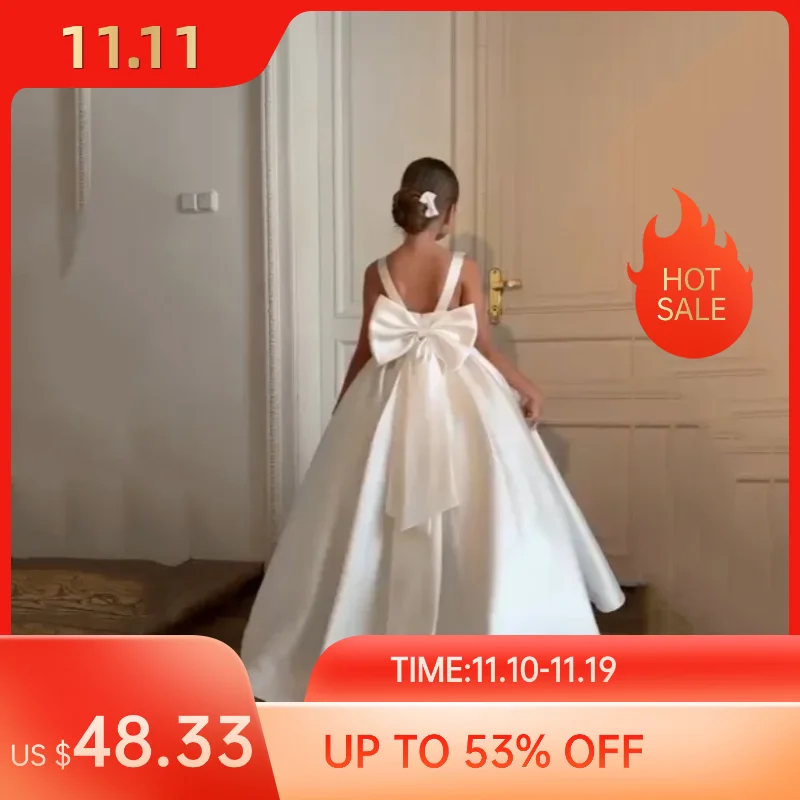 OIMG Simple Ivory A Line Flower Girl Dresses O Neck Wedding Party Dress With Big Bow Long Princess Birthday Dress Customized