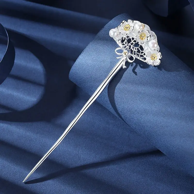 Silver-plated Hairpin Women's Antique Hanfu Hair All-match Electric Gold Color-separated Pearl Fan-shaped Headwear