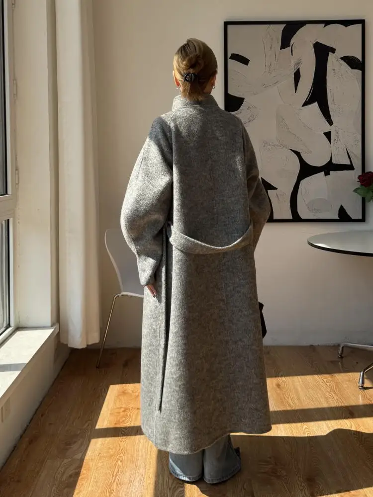 Bürodame einreihige Wolljacken 2025, Herbst- und Winteranzugkragen, Schnürung, lockere lange Damenmäntel aus 100 % Wolle