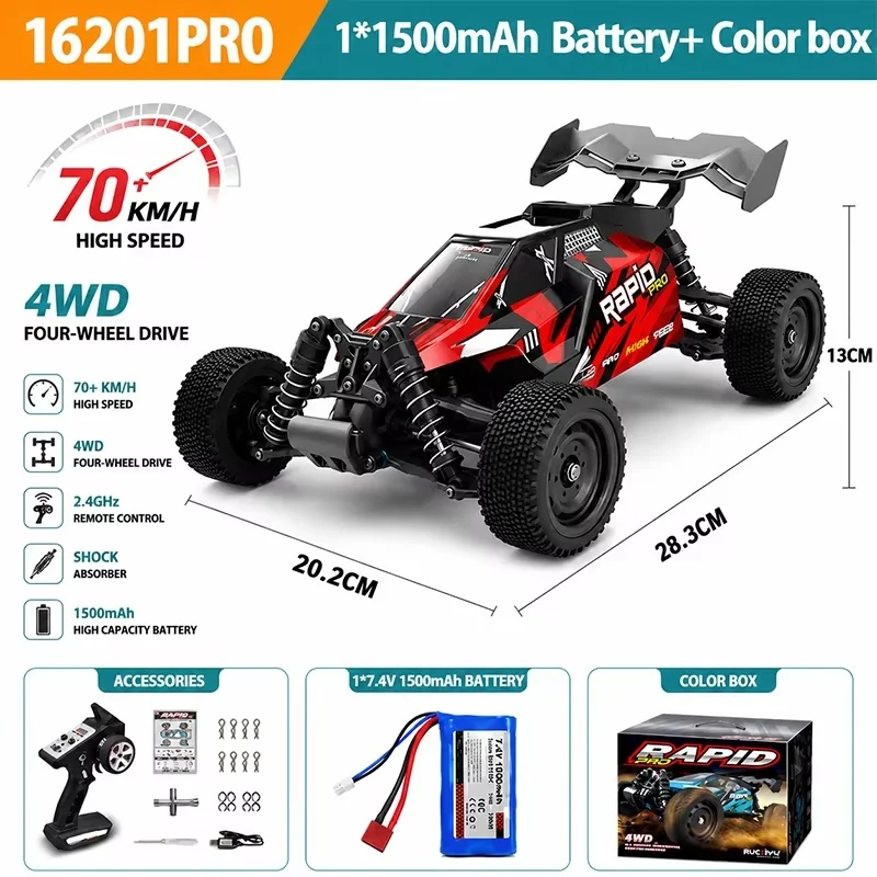 Scy16201pro 1/16 4wd Brushless Rc Buggy 70km/H Offroad Race Car Metal Diff Waterproof Esc 2.4g Remote 7.4v 1500mah Lipo Battery