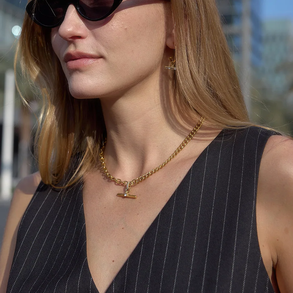 Ars Stainless Steel T Bar Pendant Necklace with Zircon 18k Gold Plated Link Chain Necklaces for Women Minimalist Choker Necklace