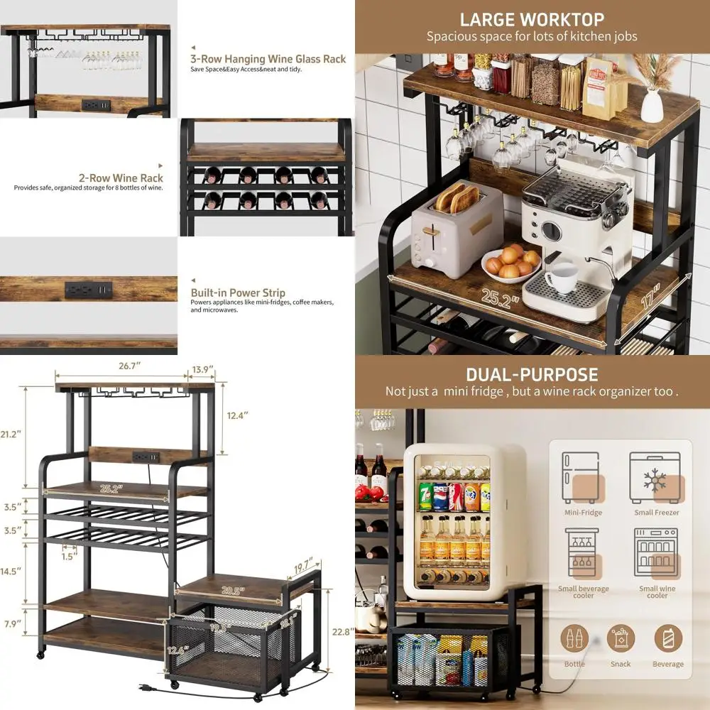 Carrito de Cocina Compacto con Enchufe, Estante para Microondas y Botellero, Ideal para Dormitorios y Comedores, Marrón Vintage