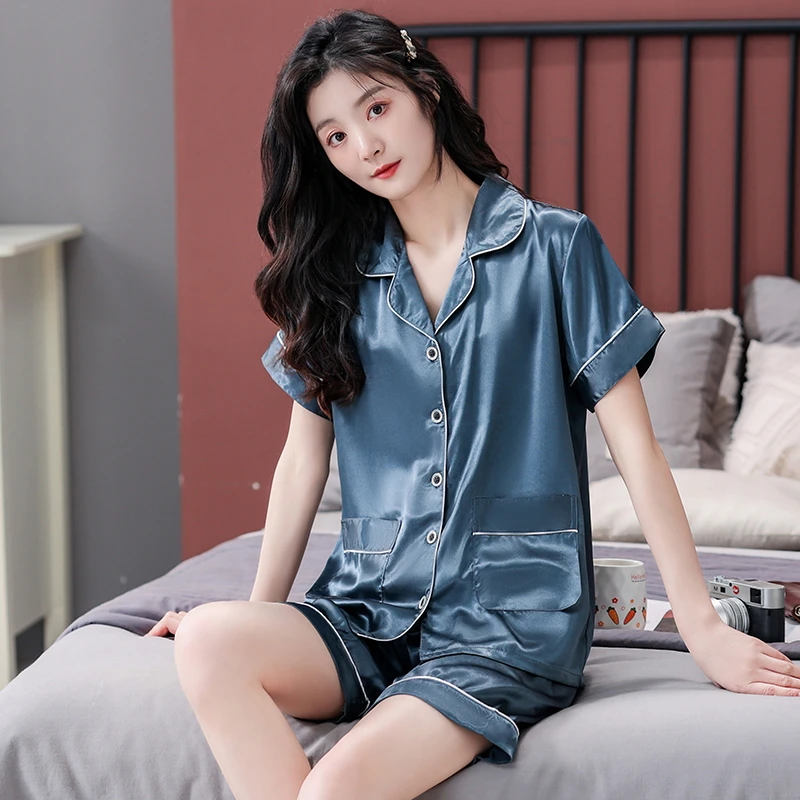 

Pijamas Mujer Big Yards 3XL Pajamas Women Short Sleeve Short Pants Pyjamas Female Silk Satin Chinese Pajama Set Casual Home Suit