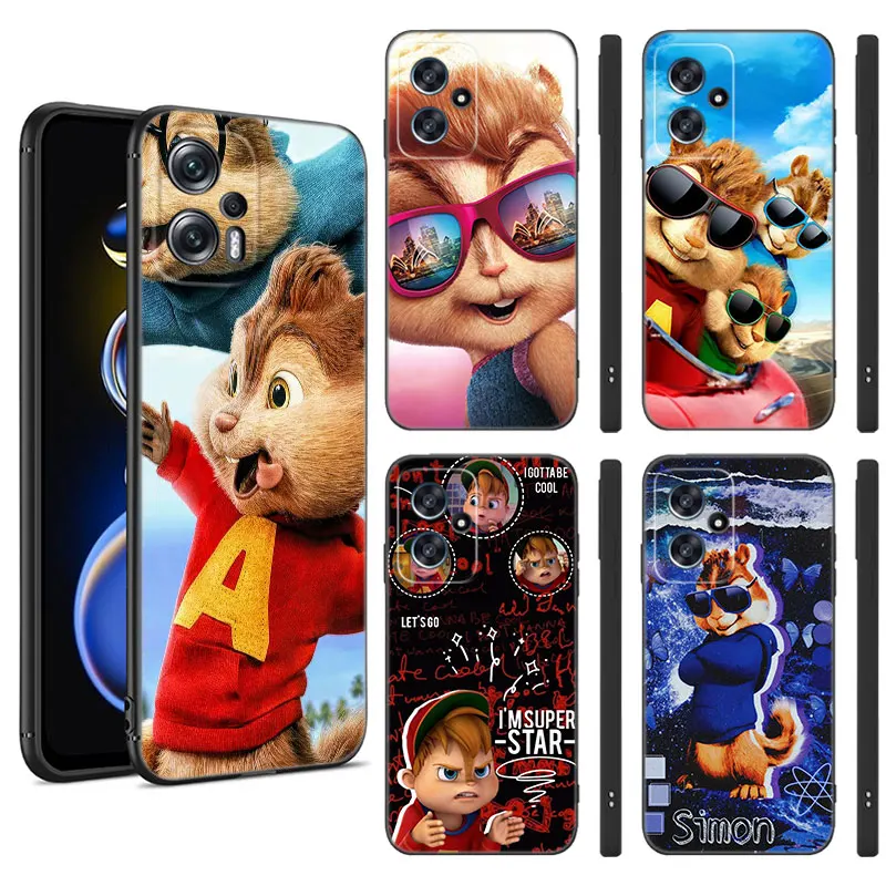 Funda de silicona negra con dibujos animados de Alvin y las ardillas para Xiaomi, POCO X3, X4, NFC, F4, GT, F5, F6, M3, M4, M6, X5, X6 Pro, 5G, M5, C55, C65