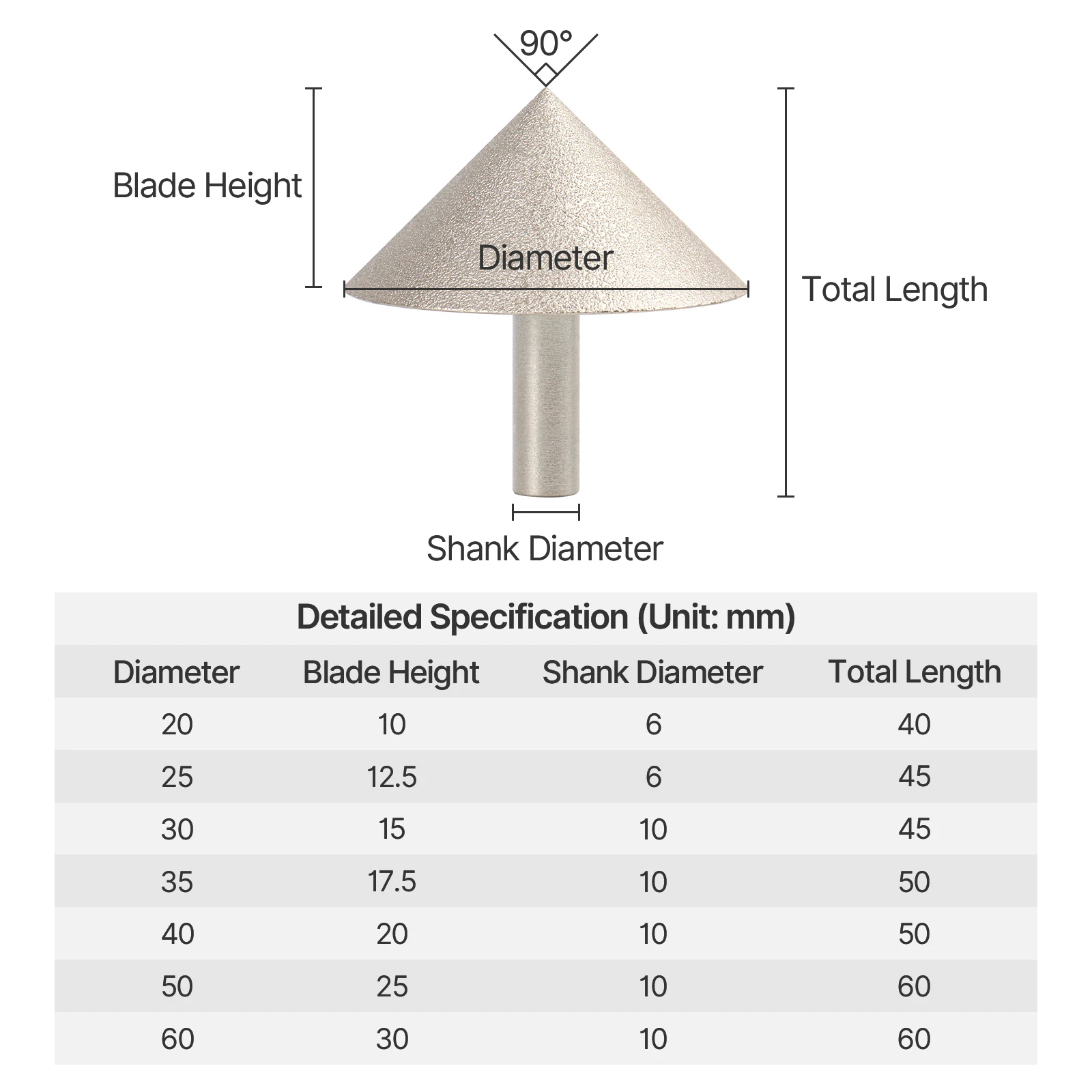 Versery 20-60mm 90-Grad-Vakuumbeschichteter Diamant-Fallmesser-Fräser für Fliesen, Marmor, Granit, Quarzstein – Detail 6