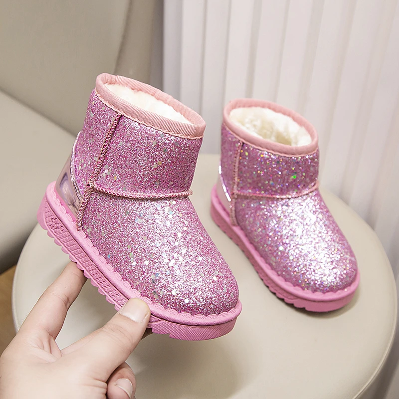 Winter Girl\'s Snow Boots Sequins Three Colors Plush Kids Short Boot Warm Ankle-high Fashion Slip-on Chunky Children Shoes 25-36