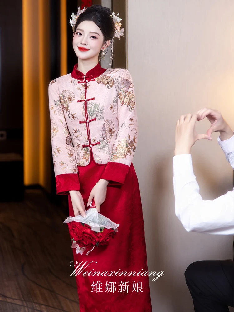 

Красное свадебное платье-комплект в новом китайском стиле, шерстяное, с длинными рукавами, облегающее, для церемонии возвращения невесты домой, винтажное