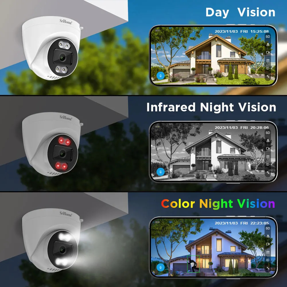 Srihome 보안 CCTV 와이파이 카메라, 양방향 오디오 알람 푸시 ONVIF 비디오 감시, NVR 작동, 3.0MP 돔 IP 카메라, SH030 H.265