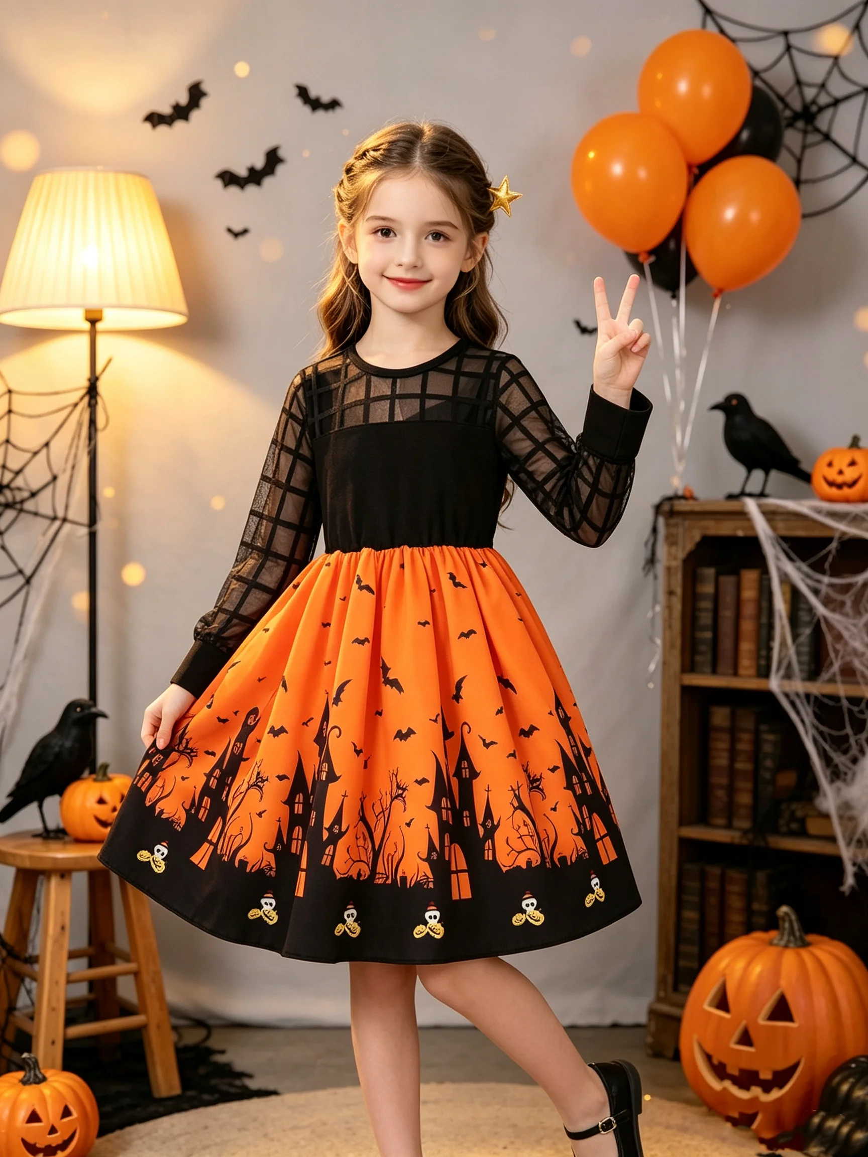 Festive Halloween Long Sleeved Dress with Rich Patterns Popular Style for Daily Wear Elegant Costume for Women