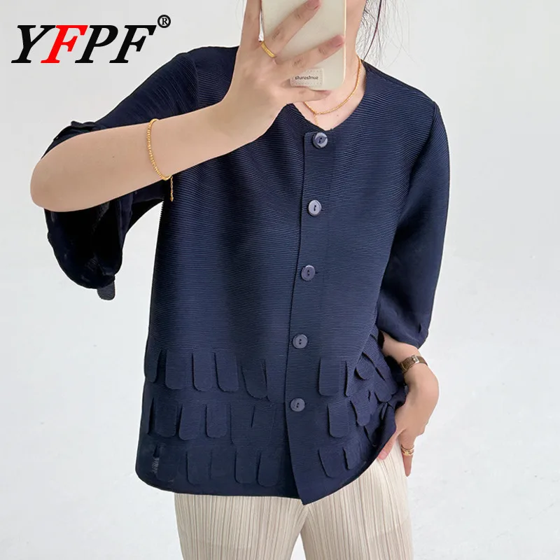 

YFPF Miyake плиссированная женская блузка с кисточками, однотонная универсальная рубашка на пуговицах, модная новинка 2025, одежда 3A440