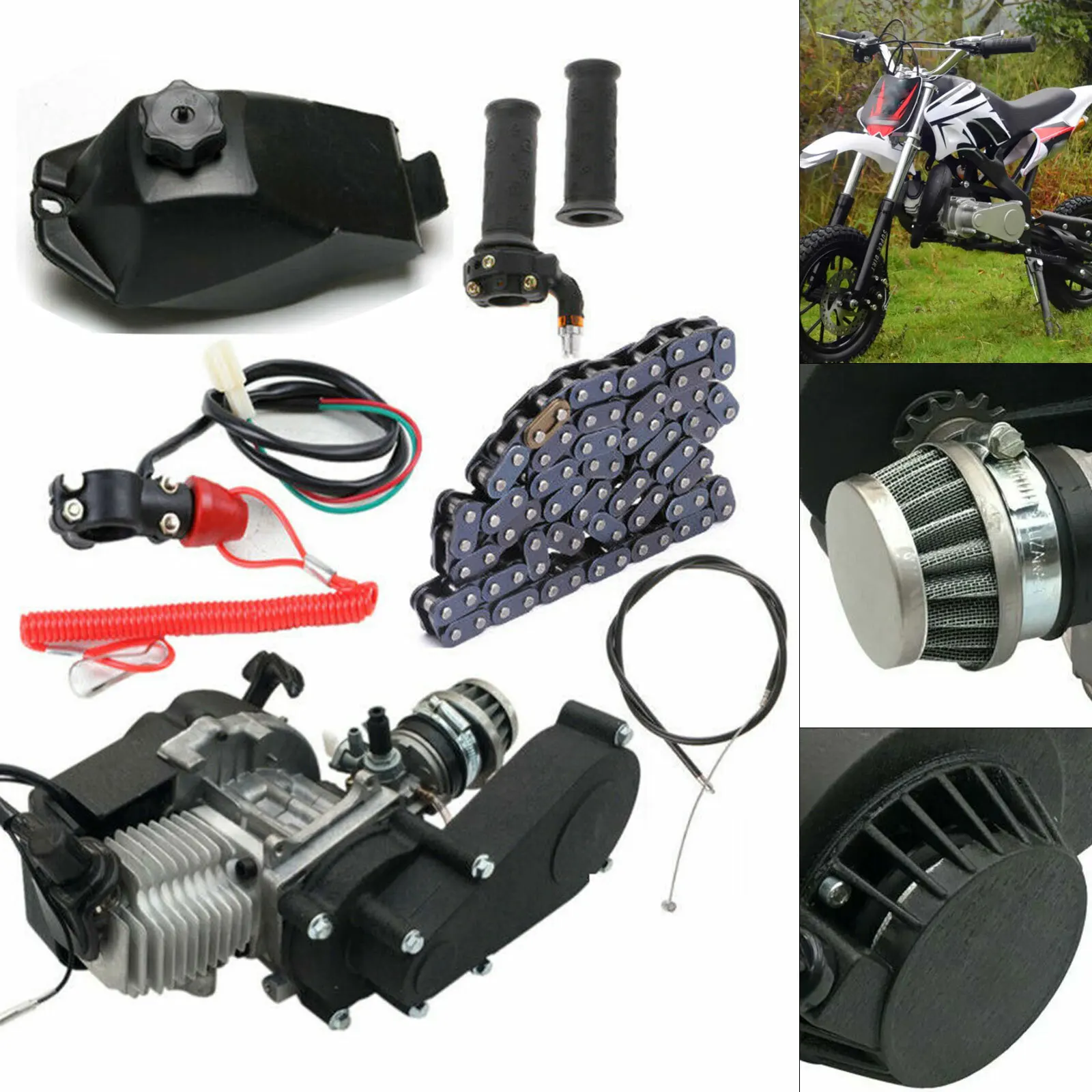 

49CC 2 Stroke Engine Motor Kit, Pull Start, For 49CC 2 Stroke Pocket Bike, Mini Dirt Bike, ATV or Scooter, 14 Teeth