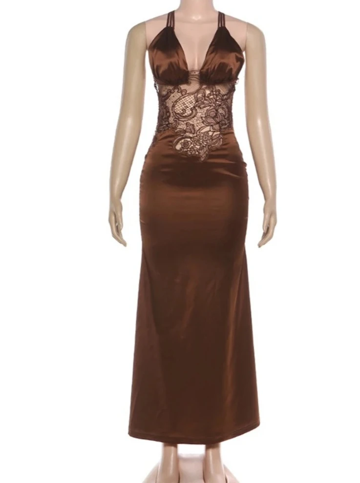 2026 토시 여성 파티 맥시 드레스, 우아한 새틴 백리스 롱 드레스 (컷아웃 & 패치워크), 슬림 하이웨이스트 슬리브리스 가운