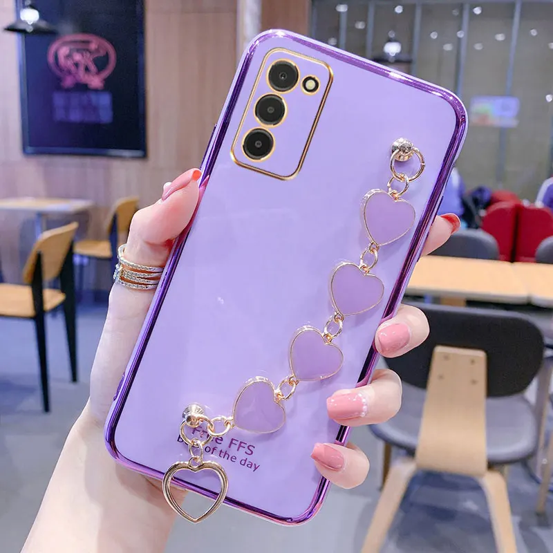 Wrist Bracelet Phone Case For Samsung A03S Case Luxury Heart Chain Plating Cover For Samsung Galaxy A03S Case A53