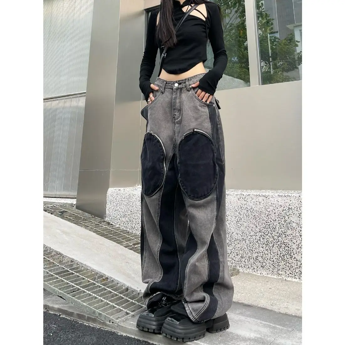 2023 new Y2K high street personality pocket style big pocket old jeans men and women loose straight trousers ins mopping pants