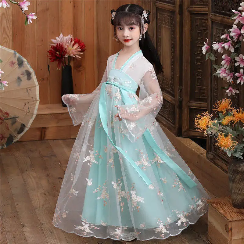 Vestido hanfu super imortal infantil, roupa antiga das meninas, conjunto estilo chinês infantil, vestido de fada antiga das mulheres, verão