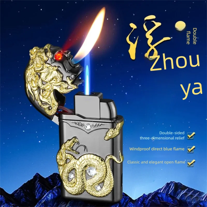 New Windproof Straight Flame Dual Flame Lighter Creative Double-sided Three-dimensional Relief Lighter Men's Smoking Gift