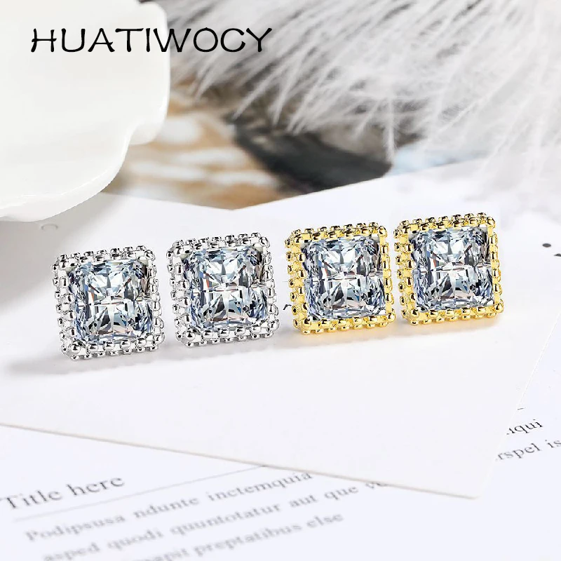 

HUATIWOCY Fashion Earrings Silver 925 Jewelry with Square Zircon Gemstone Accessories for Women Wedding Engagement Party Gifts