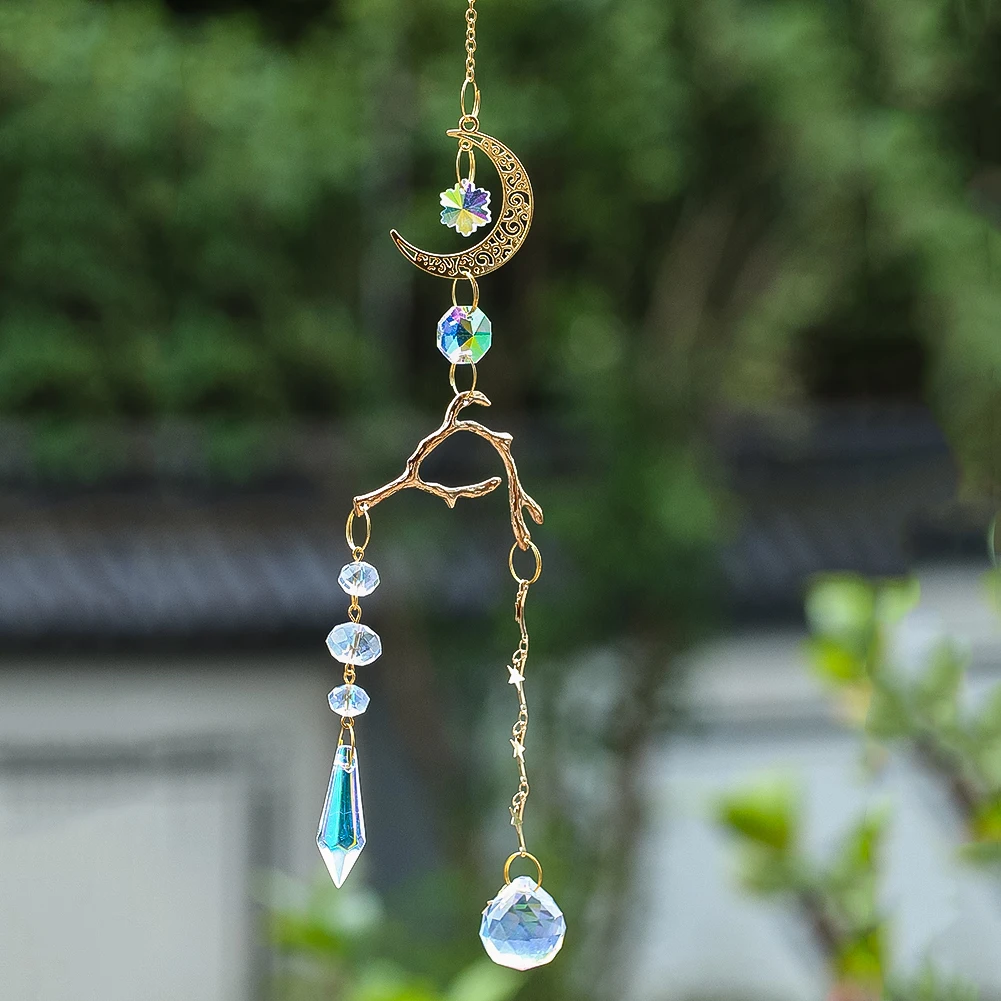 Moon Star Suncatcher Hanging Crystal Prism Ball Bead Metal Branch Wind Chimes Pendant Rainbow Maker Garden Car Mirror Xmas Decor