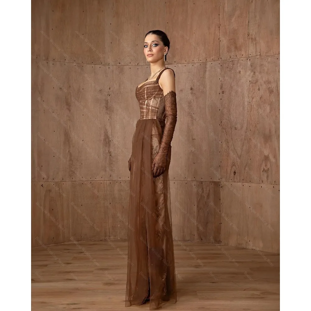 Robe de soirée Chic en dentelle, bretelles Spaghetti élégantes, col carré, avec des Appliques, longueur au sol, robes de bal droites