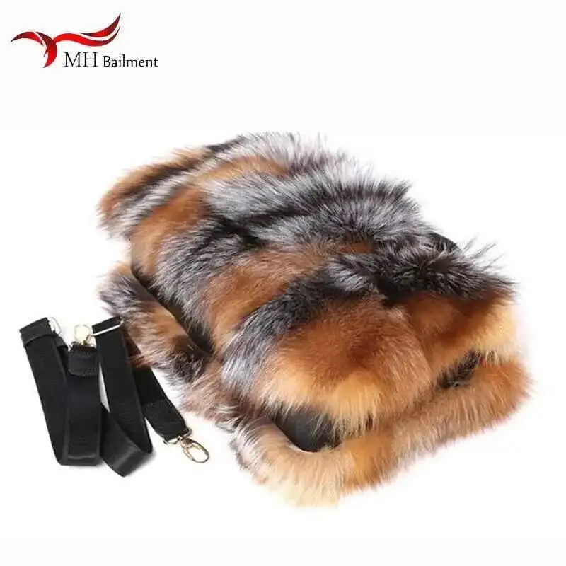 Autumn Winter New 100% Fox Fur Bag Shoulder Diagonal Package Female Fashion Handbag Ladies Luxury Brand Furry Big Fur Bag