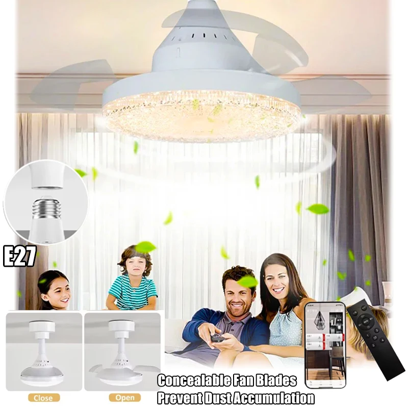 

Ceiling Fan Light Crystal Lampshade Retractable Blades Fans APP and Remote Control Fans Light Modern and Simple Bedroom Lighting