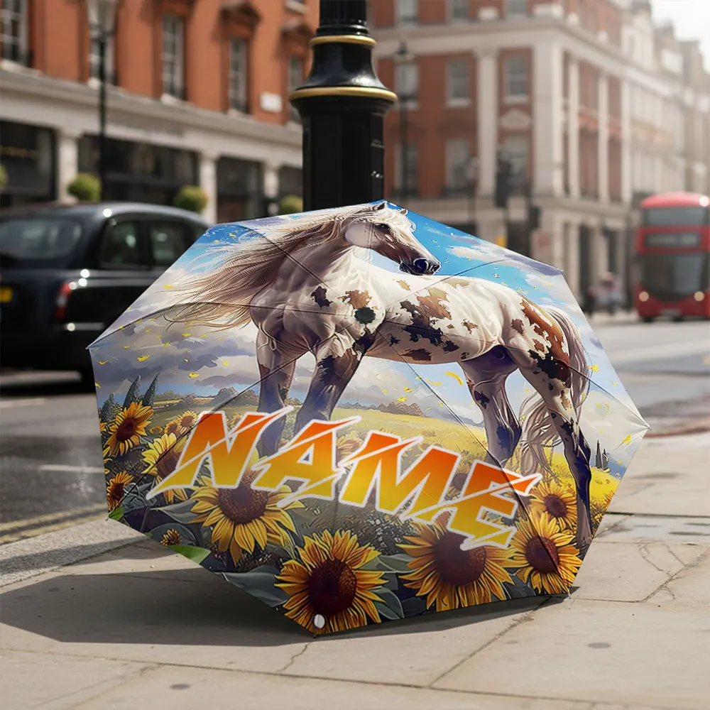 Custom Name umbrella, Sunlit Horse in Sunflower Field Umbrella Design Fashion Folding Umbrella for Daily Use, Christmas Gift