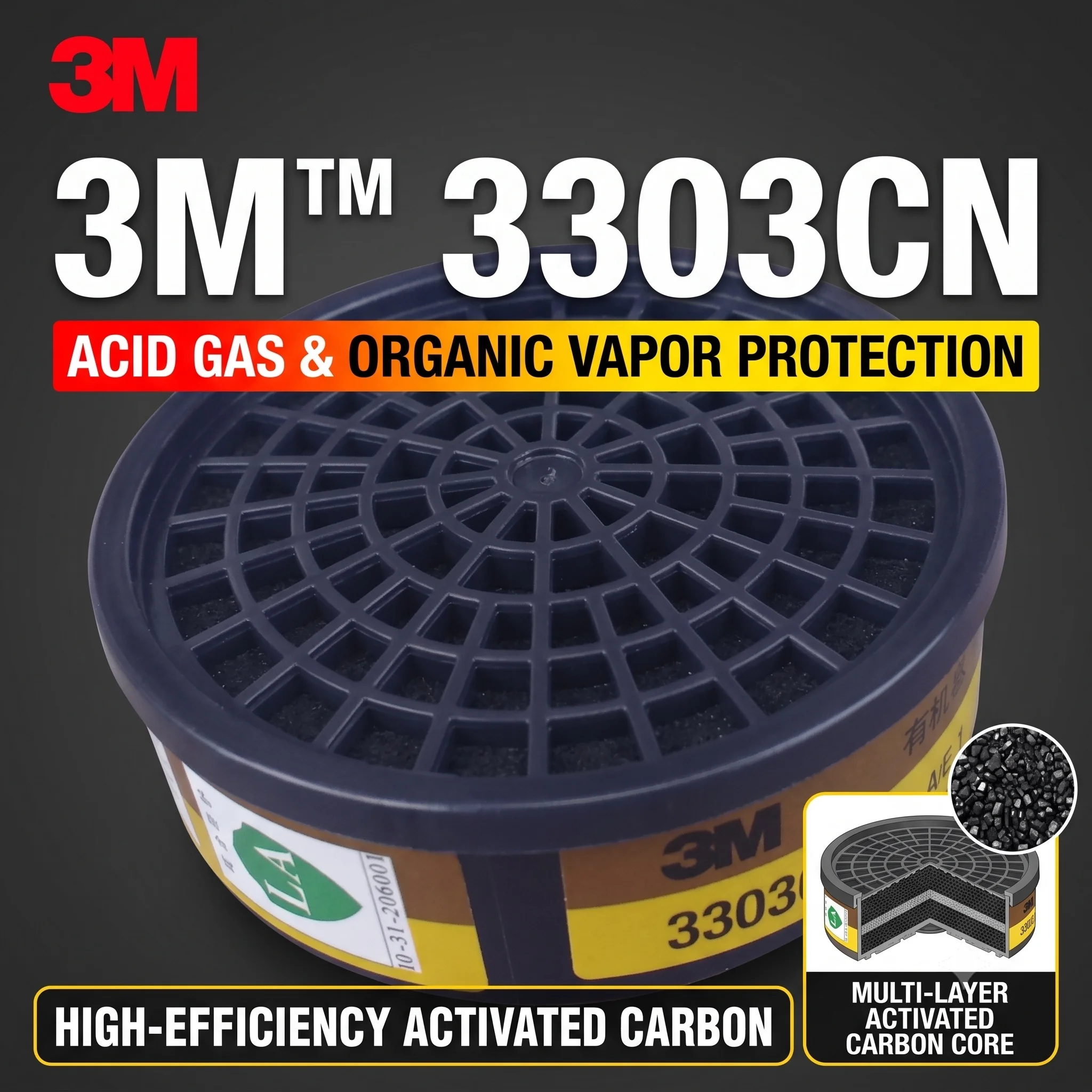 3M 3303CN Organic Vapor Acid Gas Filter Cartridge Activated Carbon Replacement for 3M 3200 HF-50 1200 Respirator Chemical Mask