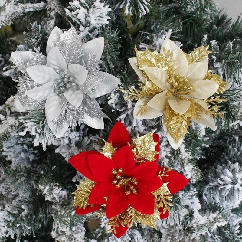 14.5cm Glitter Artifical Christmas Flowers Merry Christmas Tree Decoration Happy New Year Ornaments Xmas Fake Flowers Natal