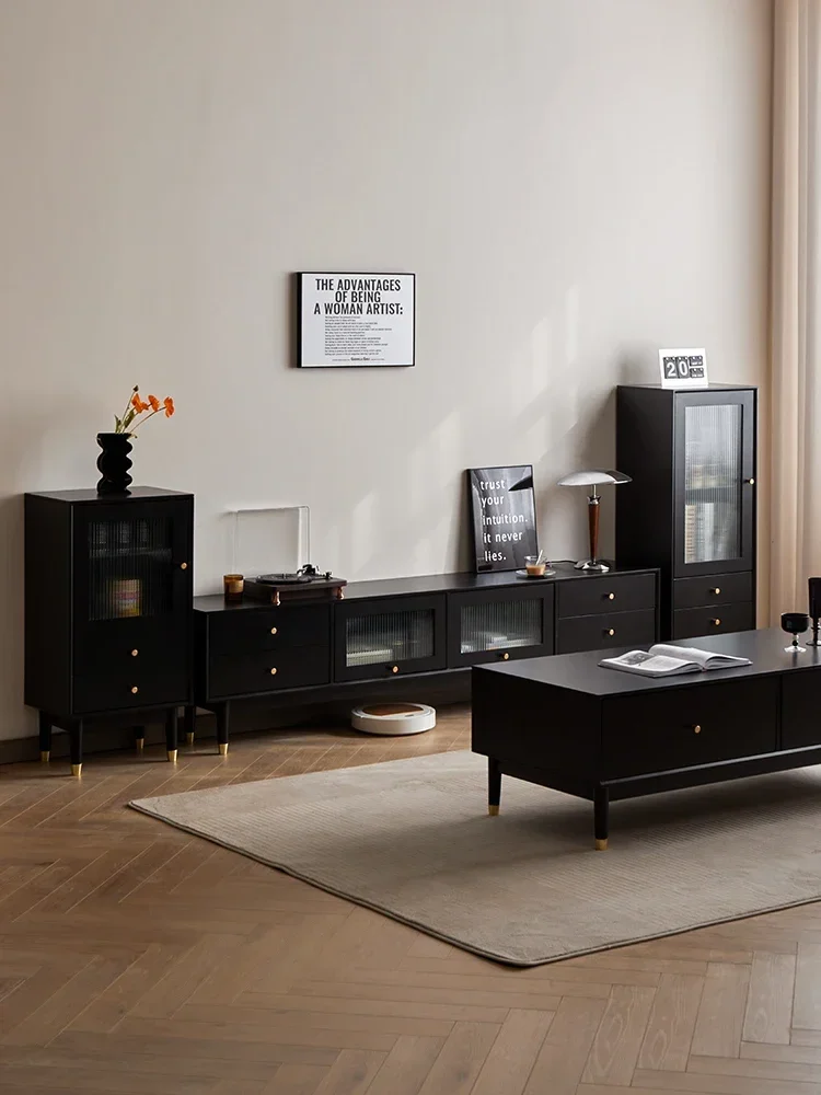 Solid Wood Living Room TV Cabinet Coffee Table Combination Modern Simple Small Apartment Floor Cabinet Light Luxury Black New
