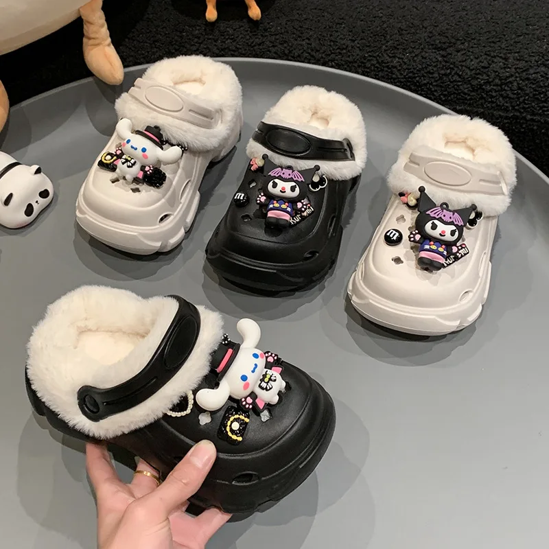 Kuromi Slippers Girl Wear Outside Winter Sanrios Cinnamoroll Velvet Keep Warm Anime Figure Kawaii Cotton Shoes Child Girl Cute