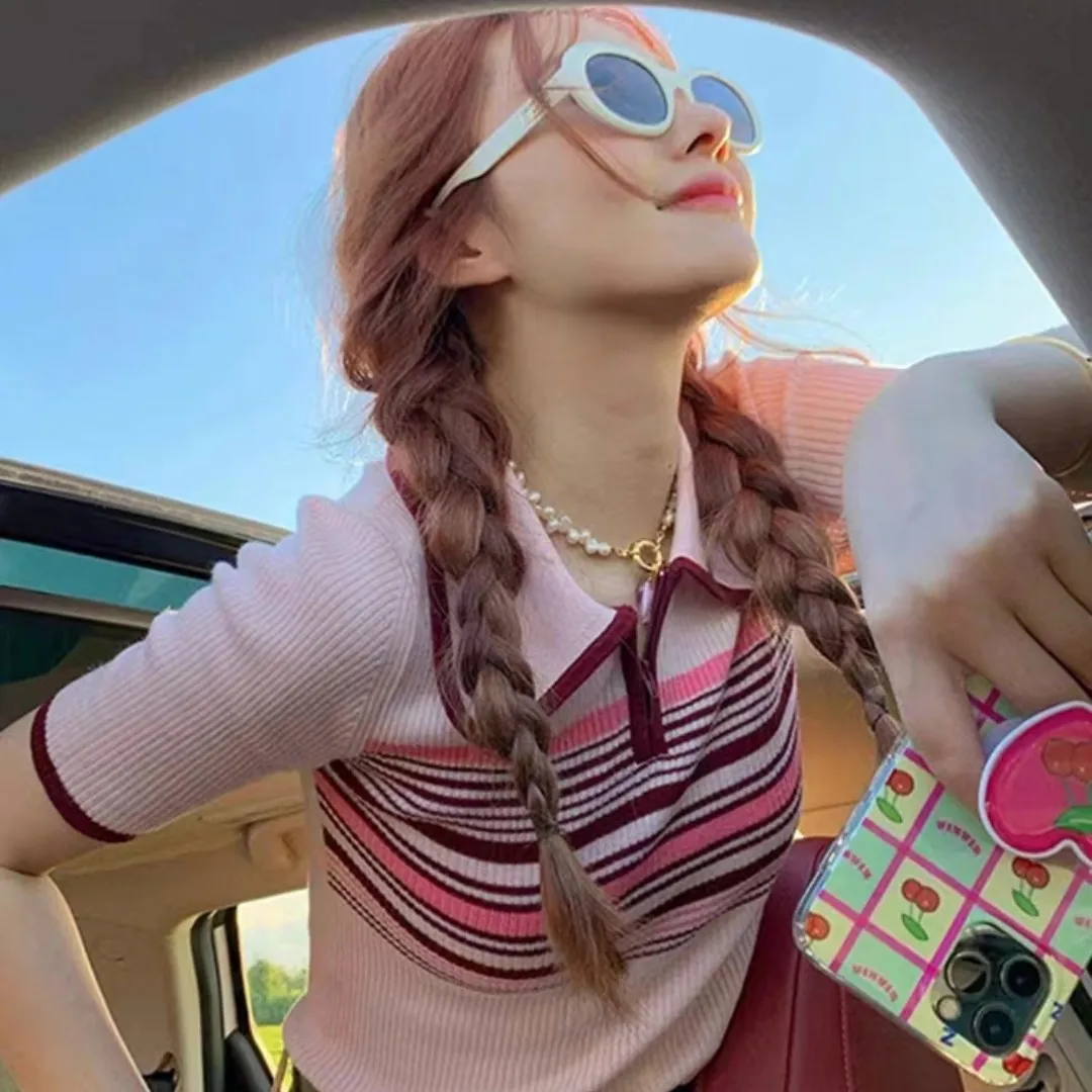 Amerikaanse retro oulderlengte ort Sve dames T-shirt zomer nieuwe kleine maat Hong Kong Sle chique roze top