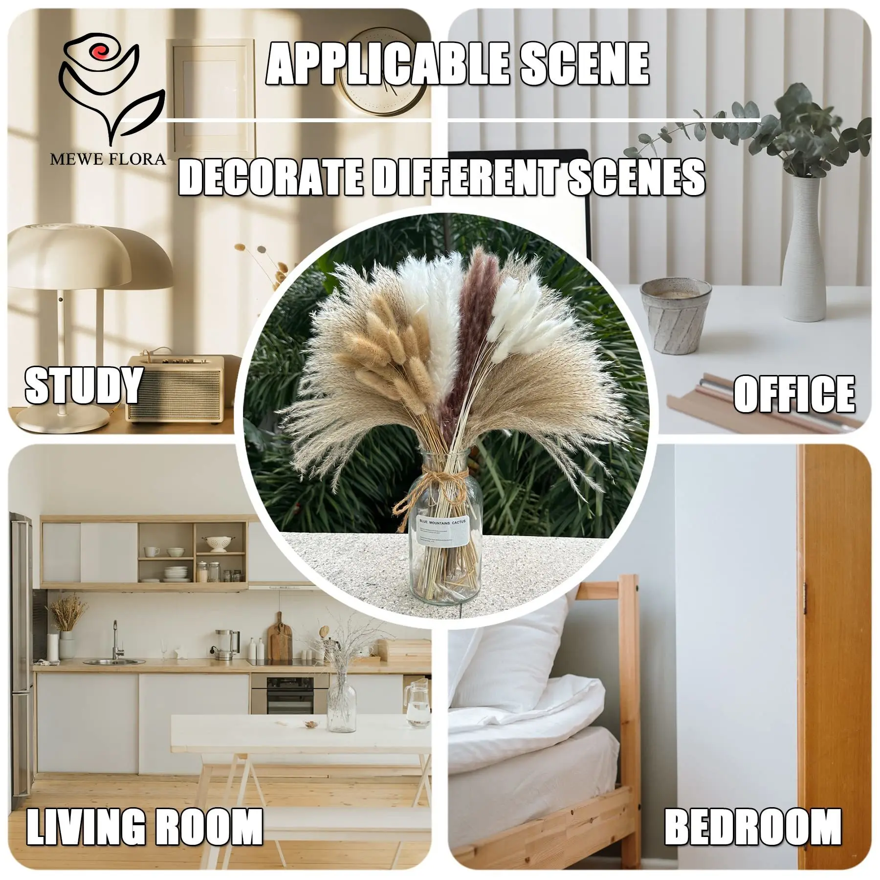 100pcs Natural Dried Flower Pampas Grass Bouquet Boho Home Decor Rabbit Tail for Farmhouse Wedding Office Arrangement DIY Craft