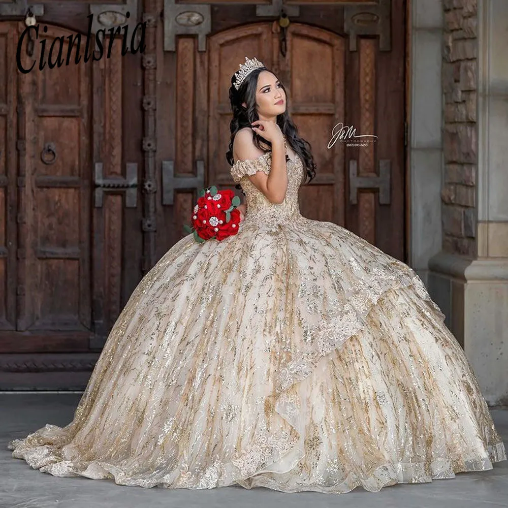 

Gold Sparkly Crystal Sequined Ruffles Quinceanera Dress Ball Gown Off The Shoulder Appliques Lace Corset Vestido De 15 Anos