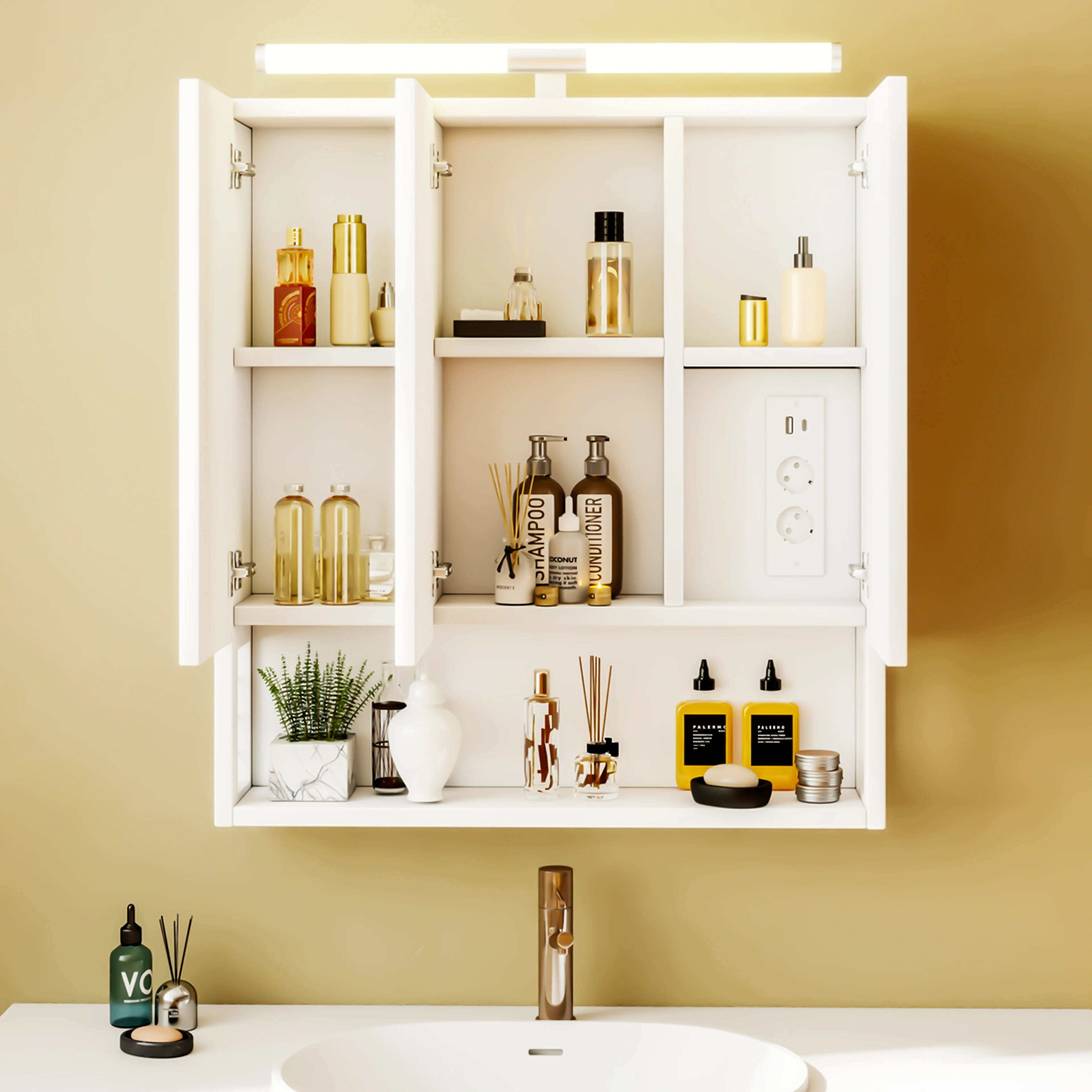 Badezimmer-Spiegelschrank, Wandmontiert, Mit Zwei Spiegeltüren und Einem Offenen Regal, Verstellbare Regale, 70 * 16,8 * 75,2 cm, Weiß