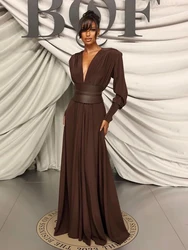 Mueyaruho 2024 Winter Spring Women Elegant Maxi Evening Dress Solid Brown V neck Long Sleeve Flare Long Dress With Belt