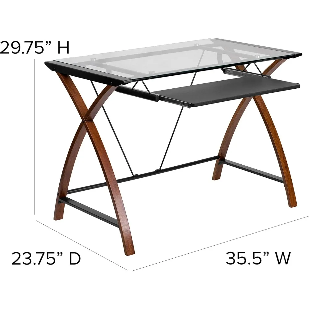 مكتب علوي زجاجي من Flash Furniture Jude مع رف لوحة مفاتيح منزلق، مكتب مكتب منزلي مدمج