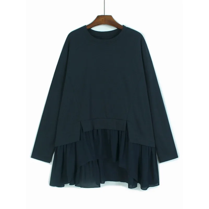 

SuperAen Asymmetrical Ruffles Spliced Slit Oversize Long-sleeved T-shirt for Women's 2026 Autumn New Fashion Tops