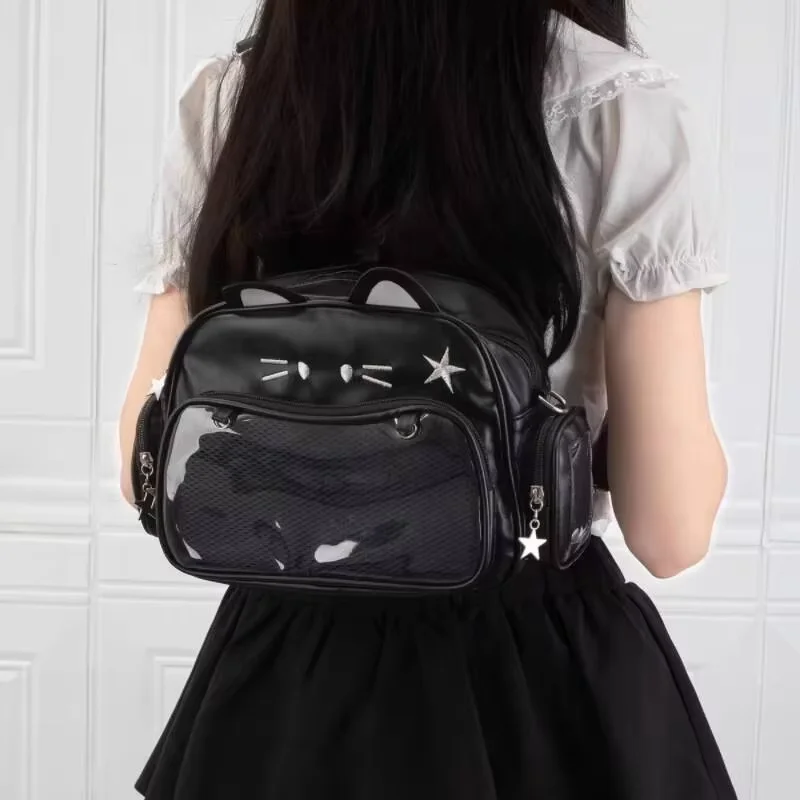New Y2K koreańskie Kawaii Cat Ita Bag śliczny torba na ramię z PU dziewczęcy przezroczysta kieszeń torba Crossbody Harajuku damska moda plecaki — zdjęcie 7