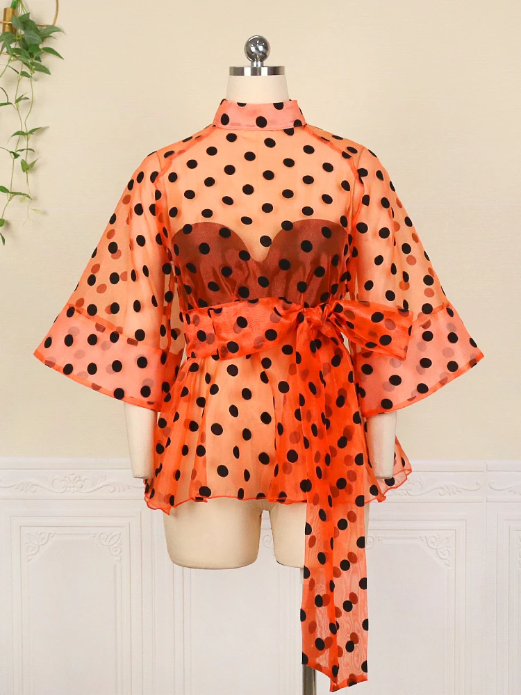 Sexy See Through Tops 3/4 Sleeve Black Polka Dot Organze White Orange Women Blouse Evening Party Plus Size Shirt Tops with Belt