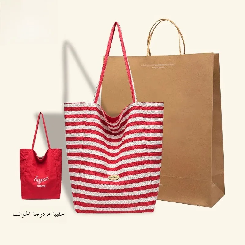 

ZAR Double-Sided Stripe Canvas Tote Bag Women's Casual Commuter oulder Bag Korean Sle Large Size Pure Color Pattern