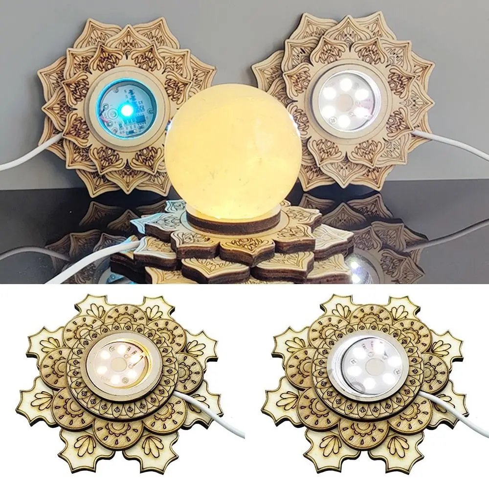 Lotus Shape Wooden Bracket Crystal Ball Stand LED 3D Night Light Crystal Ball Base Natural Stones Sphere Holder Home Decor