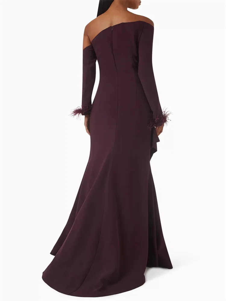 Robe de Soirée en Satin pour Femme, Tenue à Manches sulfavec Plumes, Colonne, Fermeture Éclair au Dos, Longueur au Sol, Nouvelle Collection